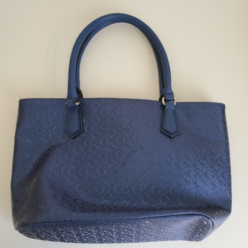 Authentic Classic Y2K GUESS Monogram Tote Cobalt Blue Glossy Silver Accents - Picture 6 of 8
